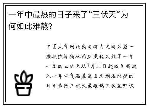 一年中最热的日子来了“三伏天”为何如此难熬？