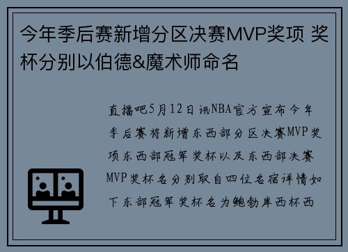 今年季后赛新增分区决赛MVP奖项 奖杯分别以伯德&魔术师命名