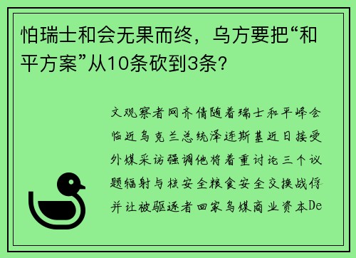 怕瑞士和会无果而终，乌方要把“和平方案”从10条砍到3条？